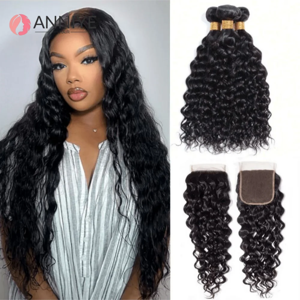 

Brazilian Water Hair Bundles With Closure Human Hair Bundles With 4x4 Closure Water Wave Hair 3 Bundles With Closure 12A ANNIYE