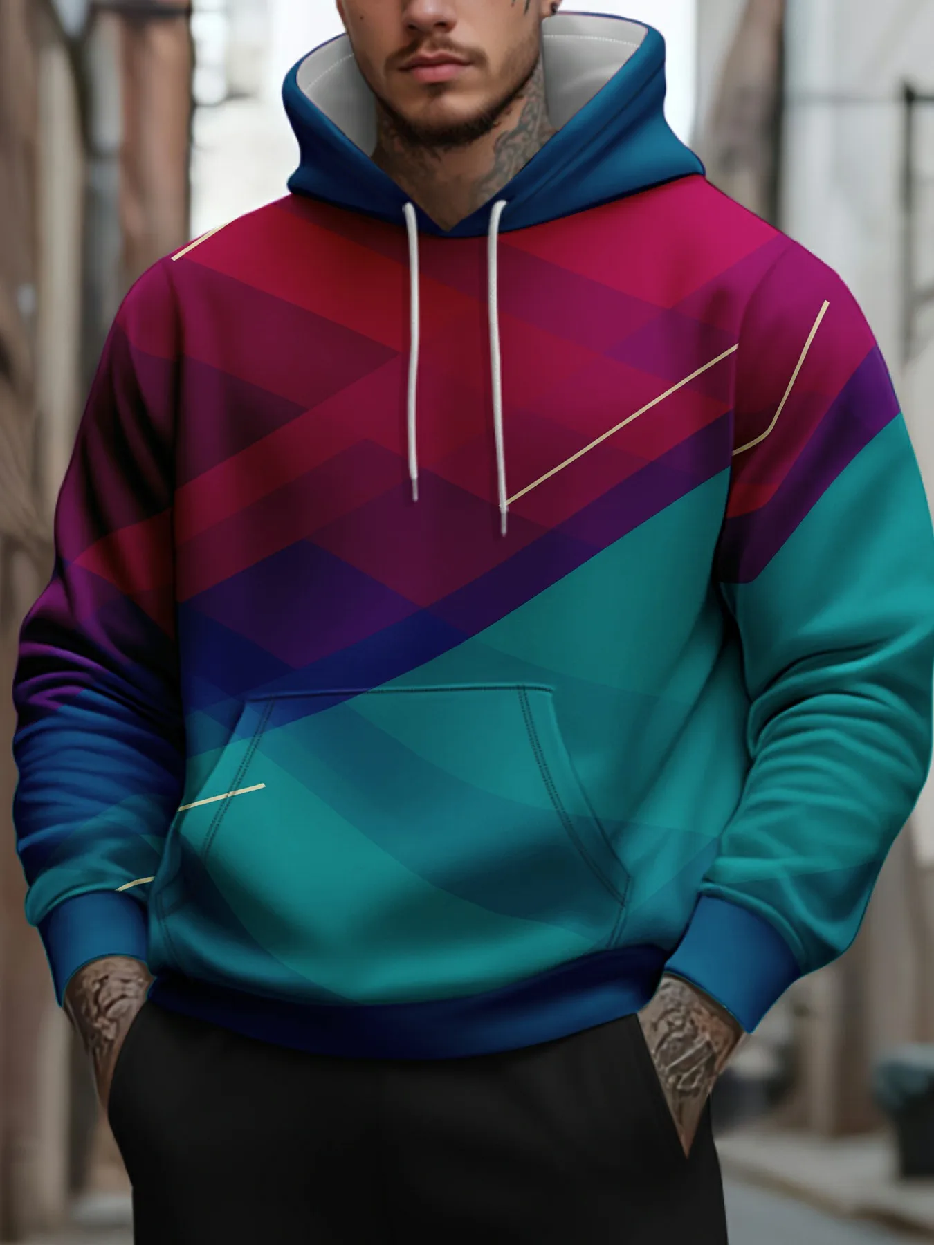 طقم بدلة رياضية بطباعة ثلاثية الأبعاد للرجال سويت شيرت بقلنسوة كاجوال فضفاض من الصوف الدافئ