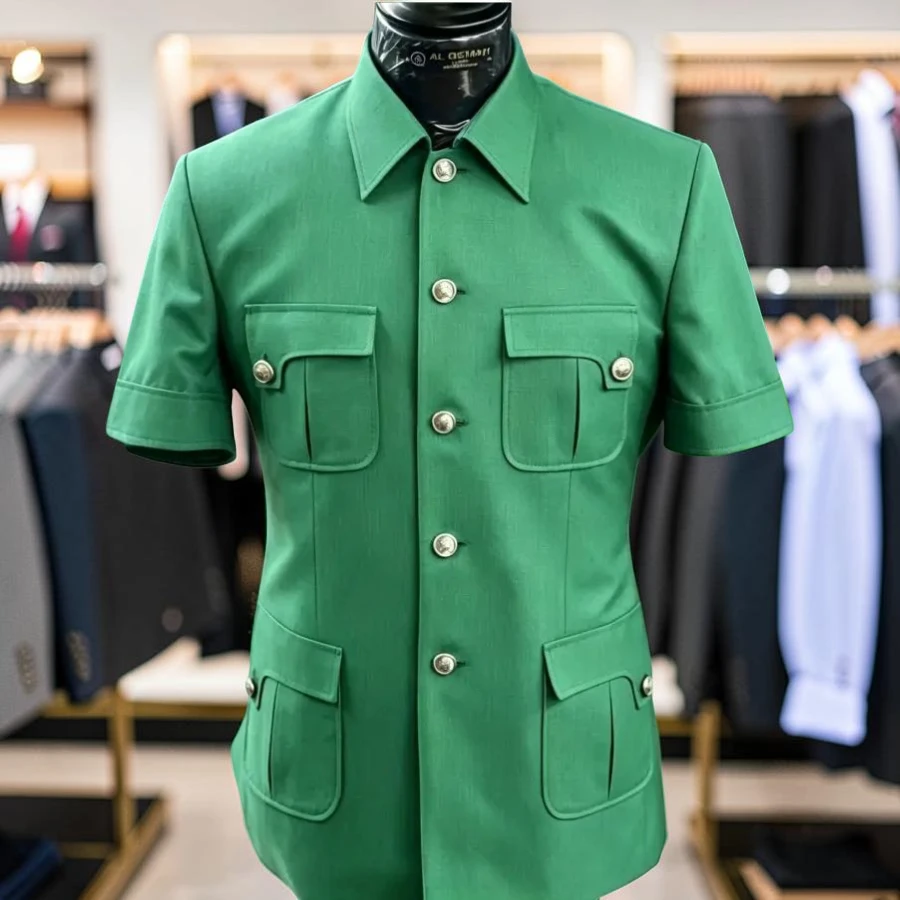 

Safari Suits for Men with Short Sleeves 2 Pieces Men Suits Slim Fit Blazer with Pants Set Casual Summer Wedding Groom 2026 New