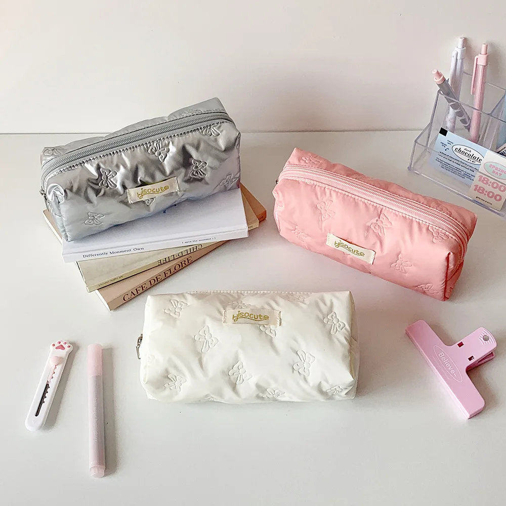 

Bowknot Y2K Bow Stationery Bag Large Capacity Cosmetics Card Pen Korean Style Pencil Case Ins Style Pink White Silver