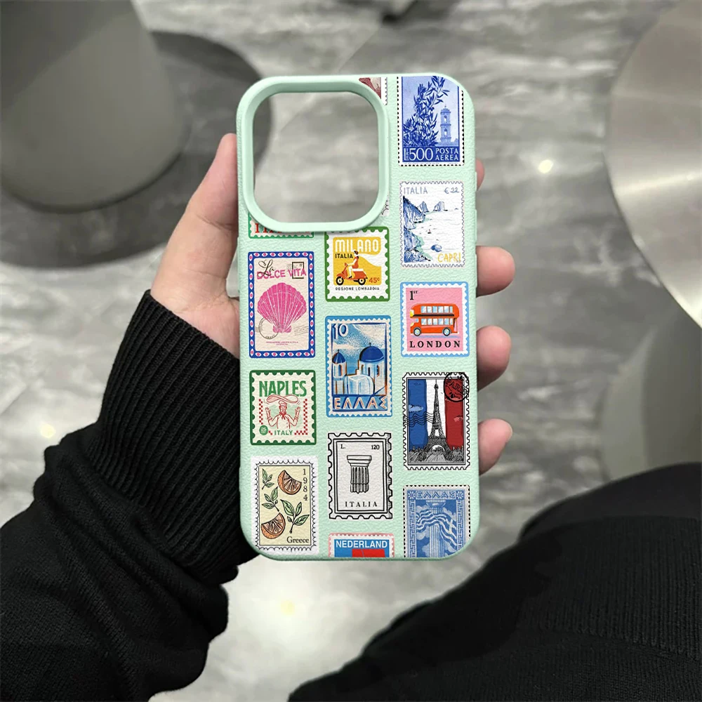 Europäische Briefmarken-Collage-Hülle für iPhone 14 15 Pro Max Hüllen Telefon 11 12 13 ProMax 16 17 Plus X XR Lychee-Muster Sturzsichere Abdeckung – Detail 10