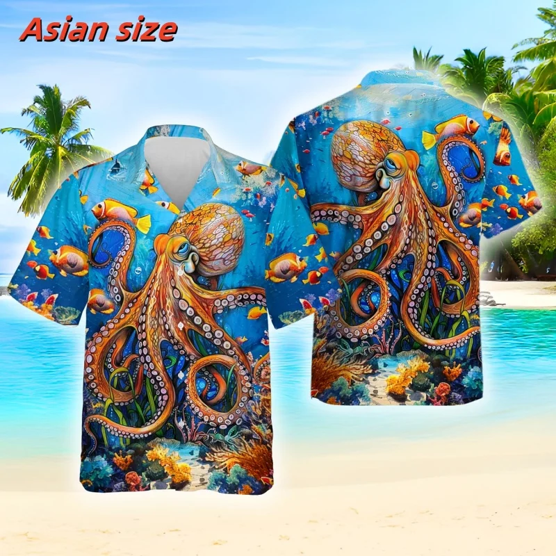 Mysterious Tentacle Pattern Hawaiian Shirt For Men Marine Life 3D Print Blouse Summer Loose Short Sleeve Lapel Tops Aloha Shirts