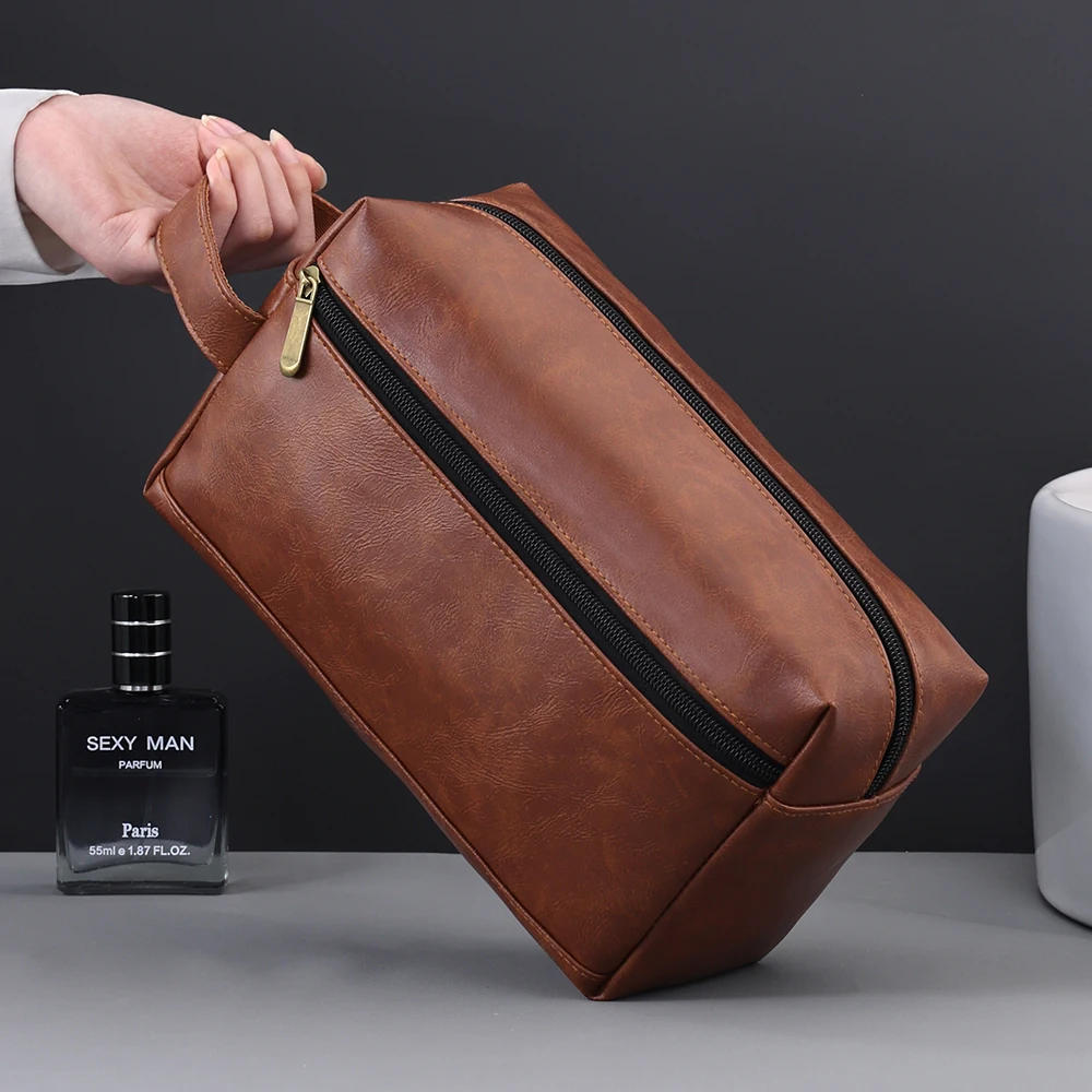 الرجال الجلود السفر الأعمال الحلاقة حقيبة مستحضرات التجميل Strorage المحمولة حقيبة أدوات الزينة سعة كبيرة المنظم حقيبة غسيل محمولة