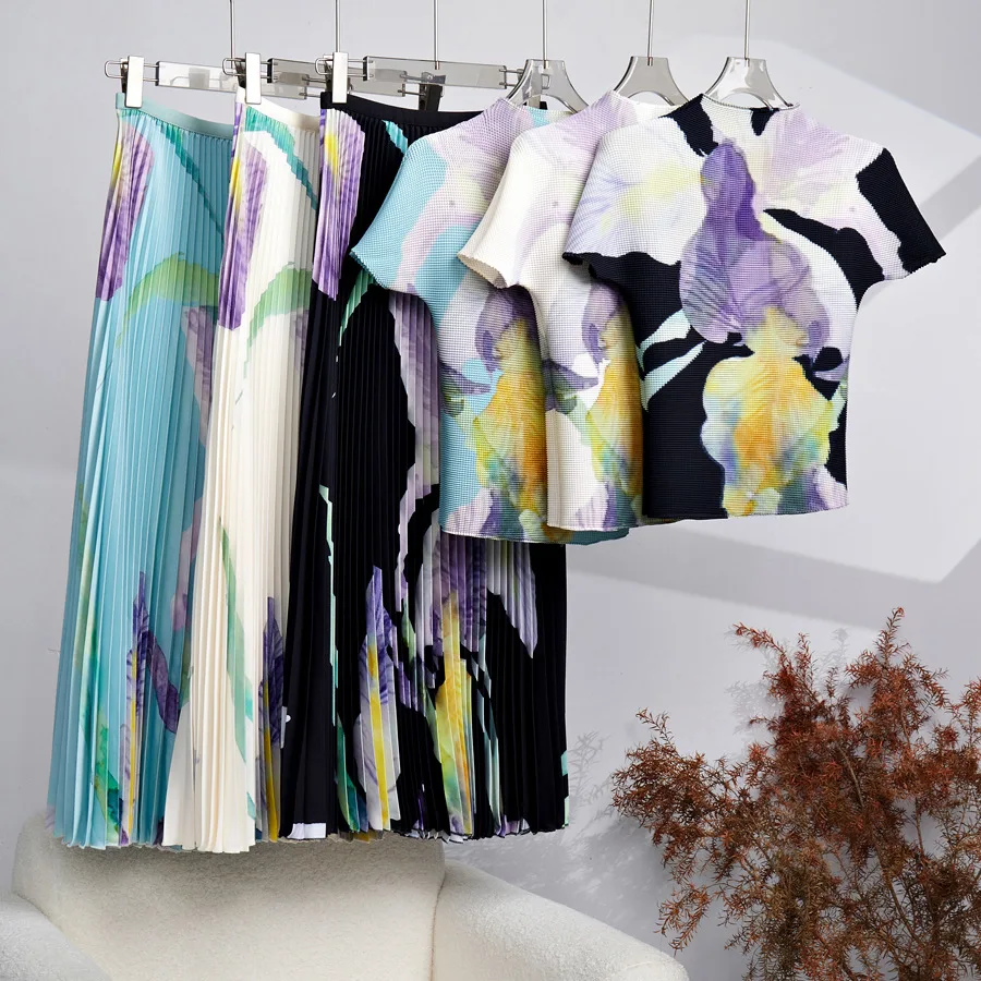 Miyake Pleated New Corn Fold Flower Print Short Sleeve T-Shirt + Fashion A-Line Pleated Long Skirt Set Two Piece Suit Summer