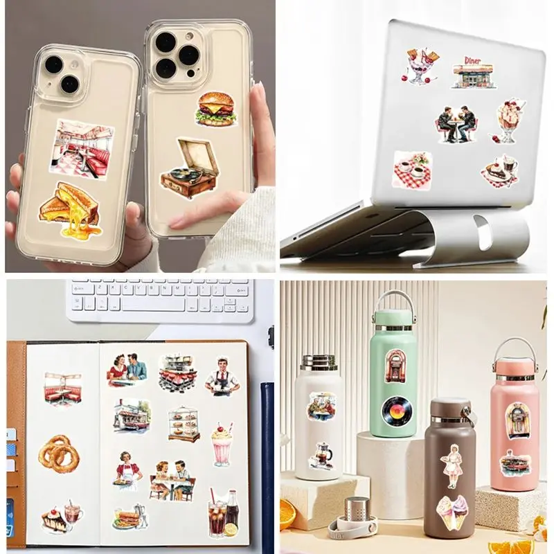 50Pcs Watercolor Vintage Restaurant Stickers Vinyl Laptop Waterproof Decals for Water Bottles Skateboard Computer Cars Luggage