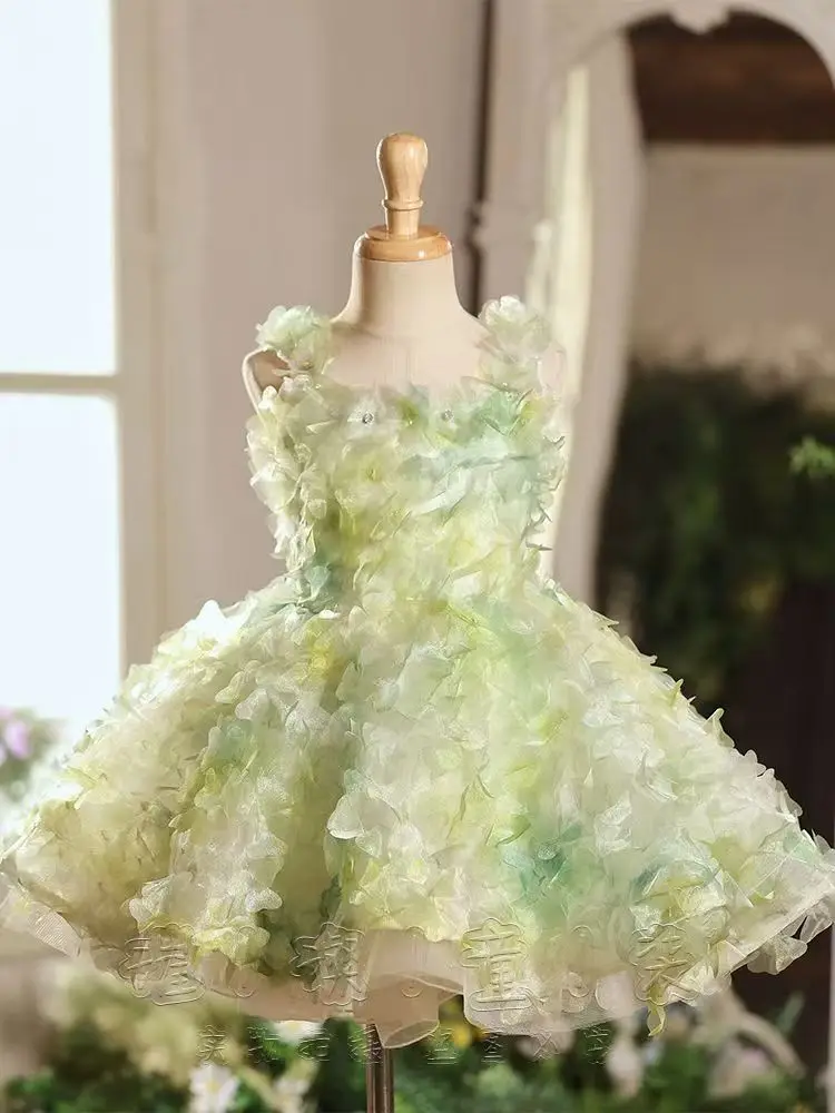 Children's Dress Green Petal Pong Little Princess Dress 2026 New Summer High end Girls' Photography Forest Series