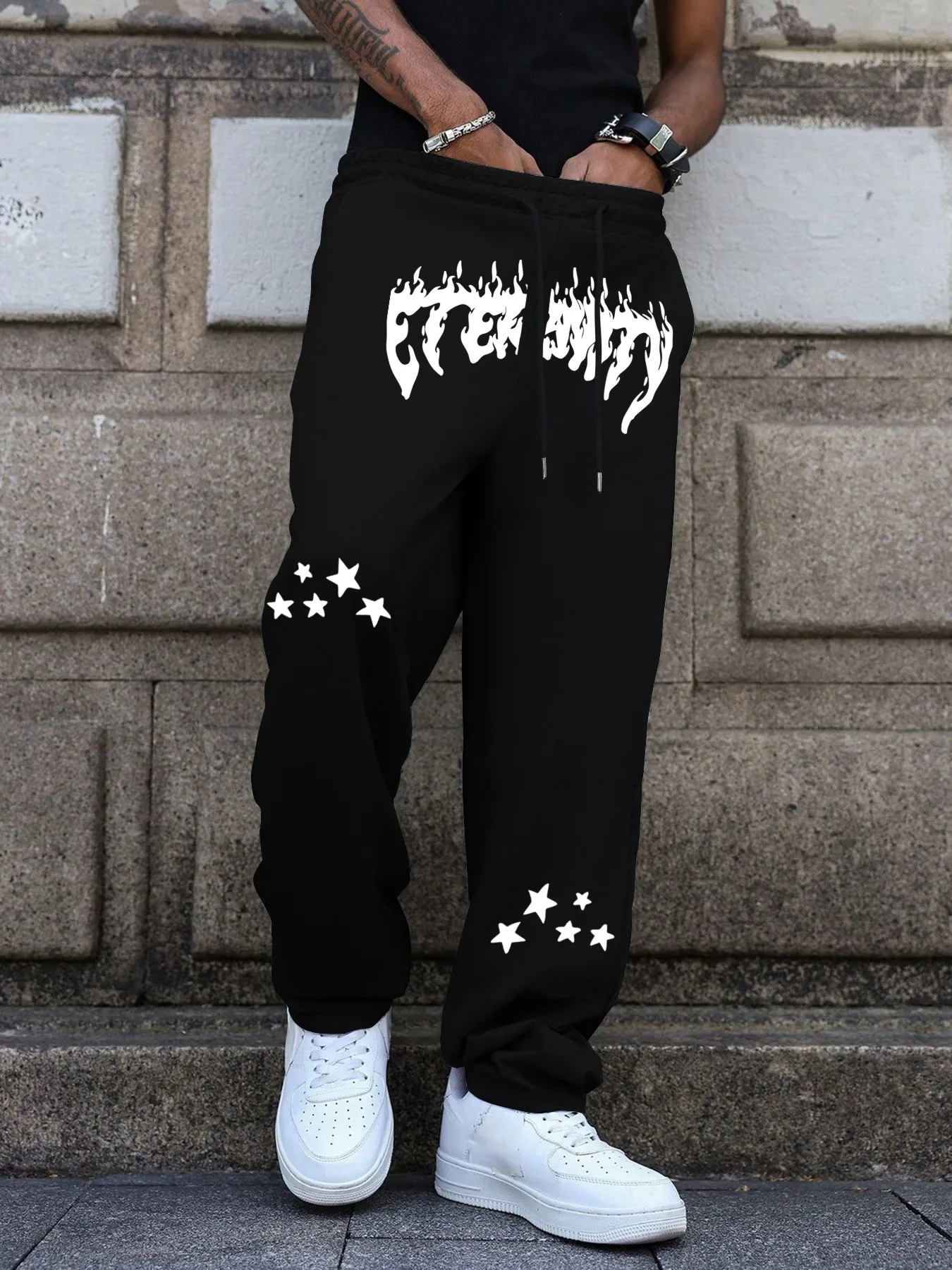 Men Flame Star Letter Print Straight Sweatpants Soft Breathable Drawstring Joggers Versatile Daily Casual Long S-3XL