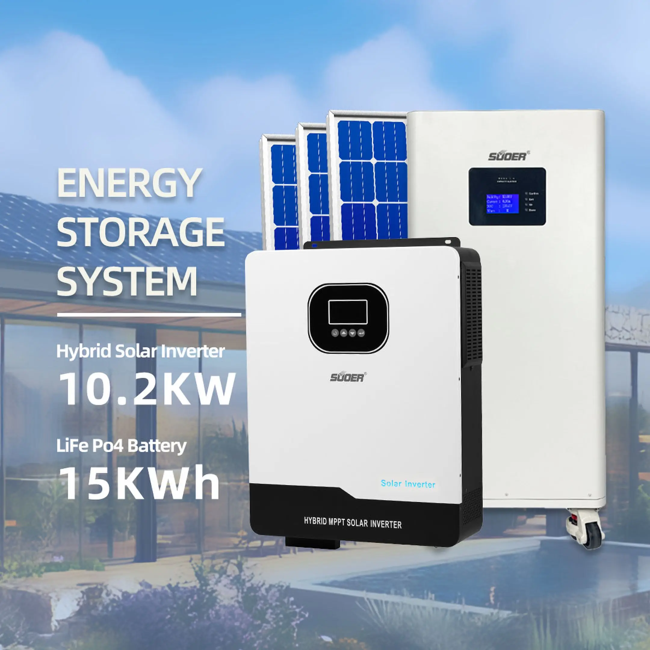 15KWH Whole House Hybrid Solar System, MPPT Solar Panel 10KW LiFePO4 Battery Home Storage Kit