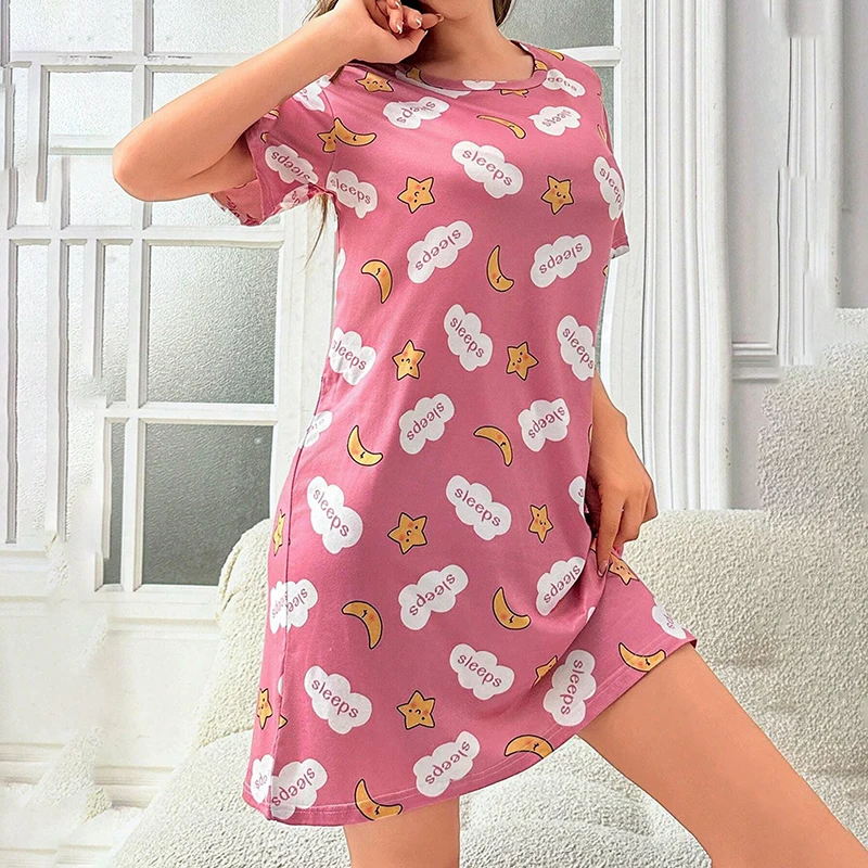 Womens Cartoon Pattern Print Nightgown Summer Short Sleeve Nightdress Loungewear Loose Breathable Sleepwear Home Clothes Pyjamas