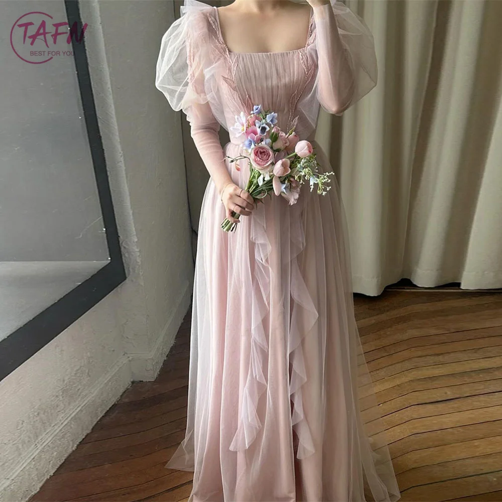 

TAFN Pink Elegant Evening Dresses Puff Sleeves Korea Wedding Reception Dresses Square Collar Party Gown Photo Shoot Dresses
