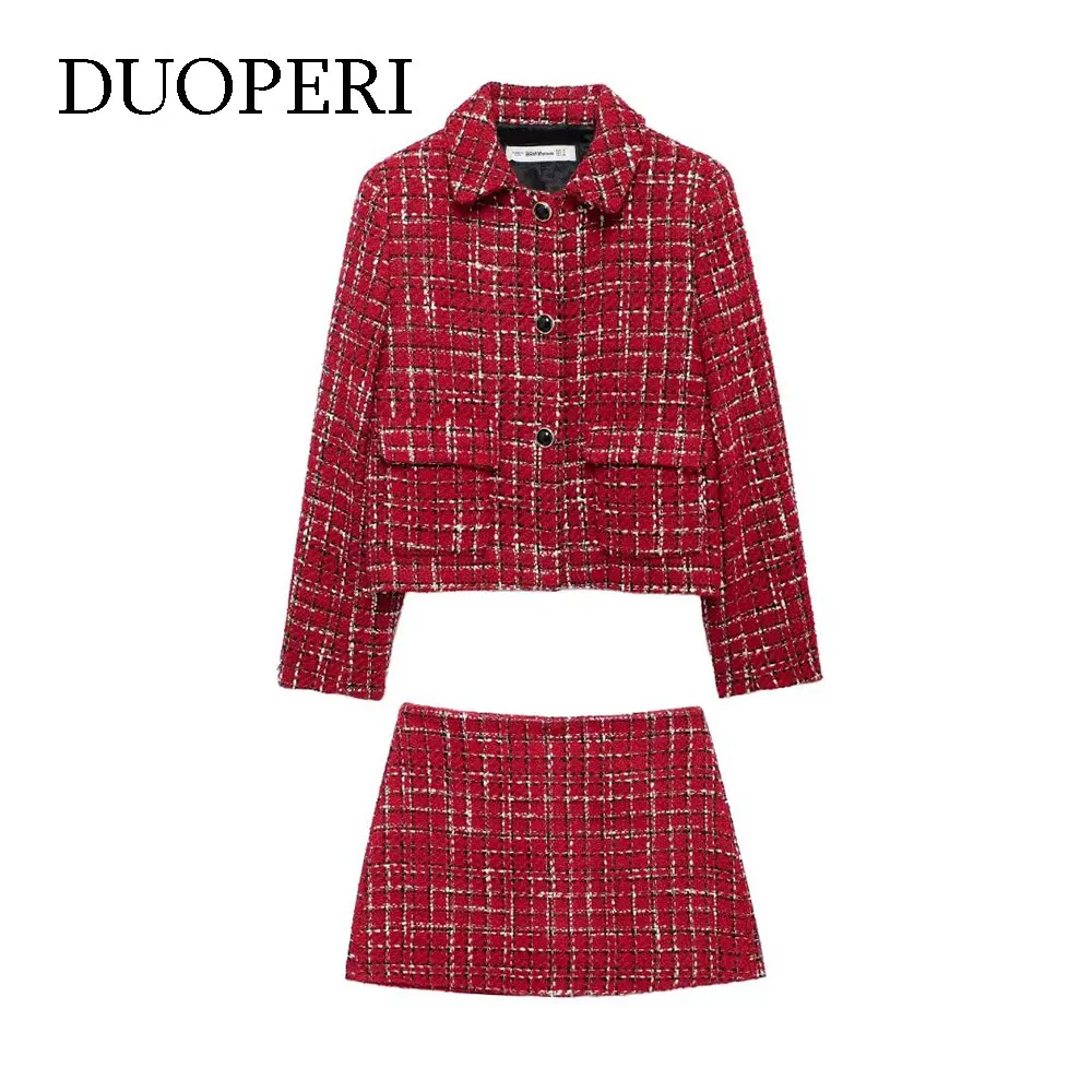 DUOPERI Women Fashion 2 Pieces Sets Red Plaid Jacket and Shorts Female Chic Lady Business Blazer and Shorts Coordinates Mujer