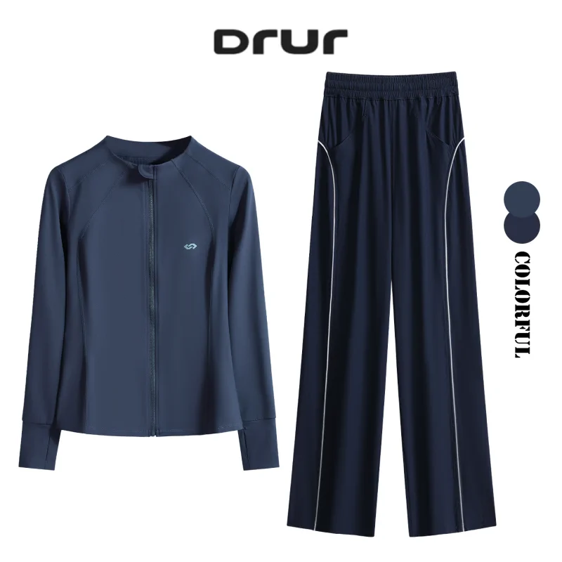 DRUR Women's Sweatsuits 2 Piece Lounge Running Outfits With Loose Long Sleeve Sports Jacket and Wide Leg Sweatpants For Yoga Gym