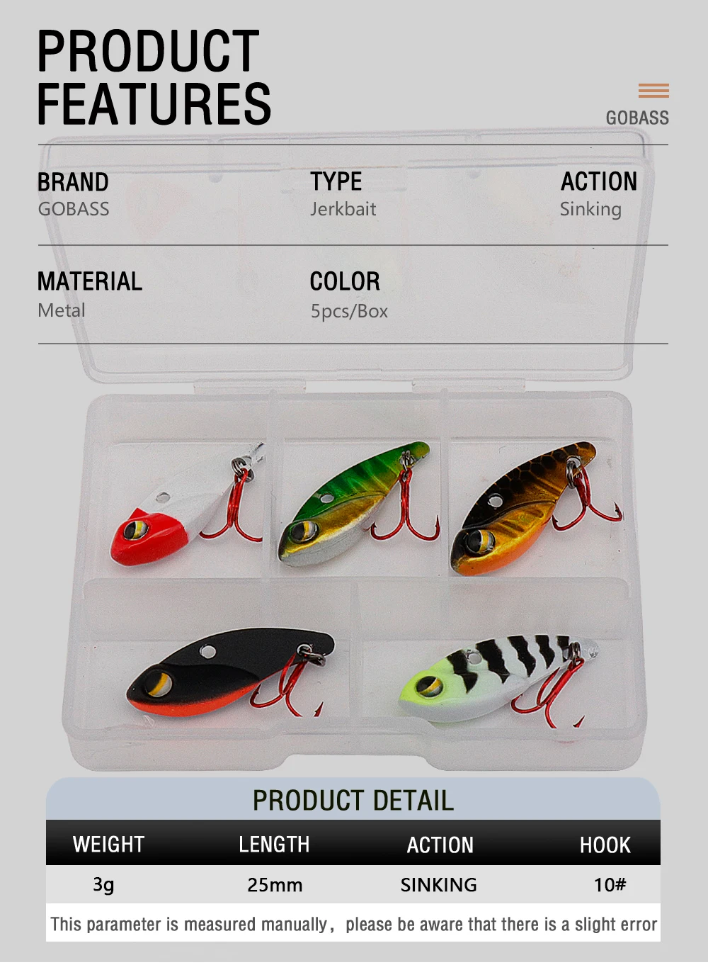 GOBASS 5 Stück Mini-Metall-VIB-Klinge, Jig, Angelköder, 25 mm, 3 g, sinkende Vibration, künstliche Köder, Löffel, Vibe für Barsch, Hechtbarsch – Detail 2
