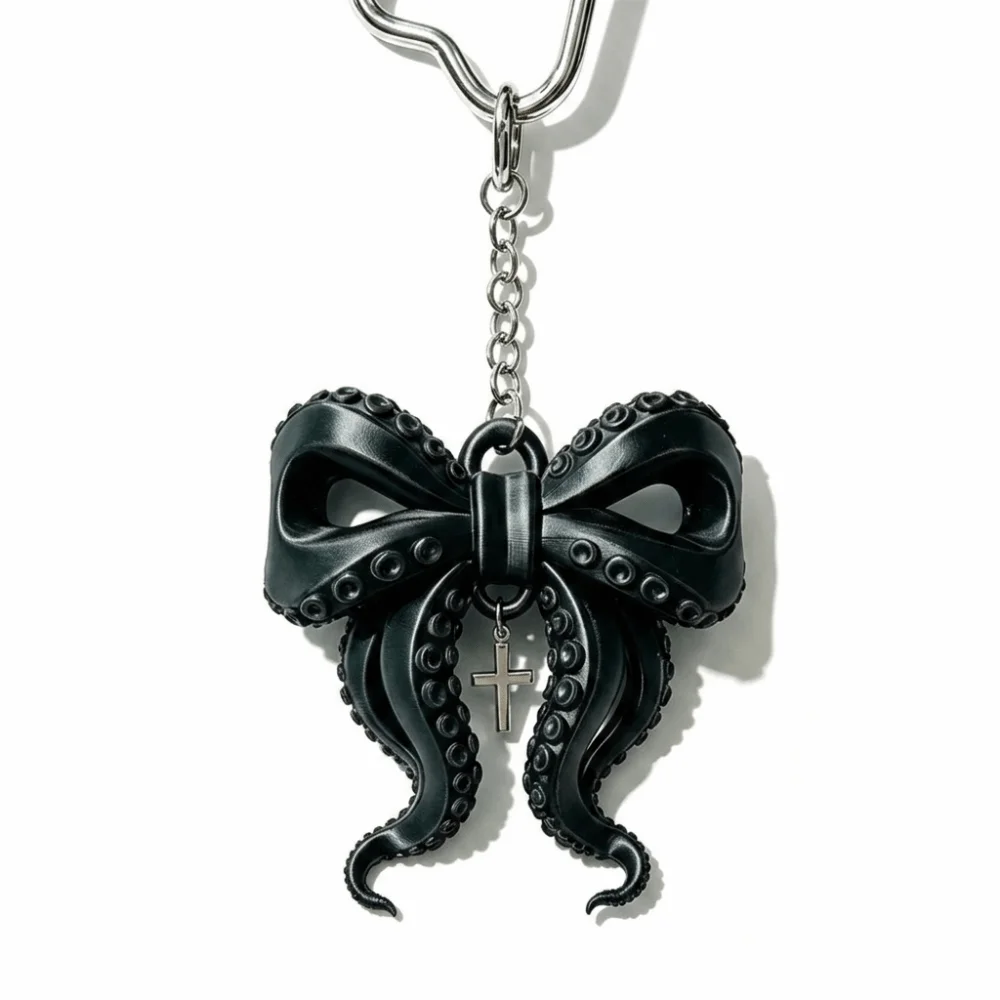 3D Printed Octopus Tentacle Bow Keychain Creative Unique Octopus Bow Pendant Cross Gothic Cthulhu Style Keyring Backpack Decor