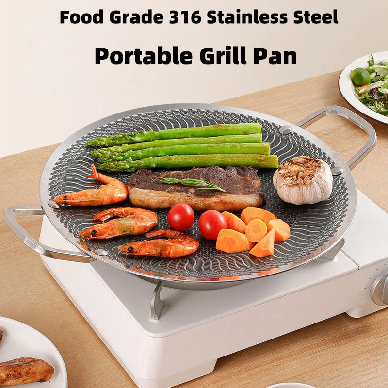 Korean Portable Grill Pan 316Stainless Steel Non-Stick Barbecue Plate Outdoor Travel Camping Frying Pan Steak Roasting Fry Pan