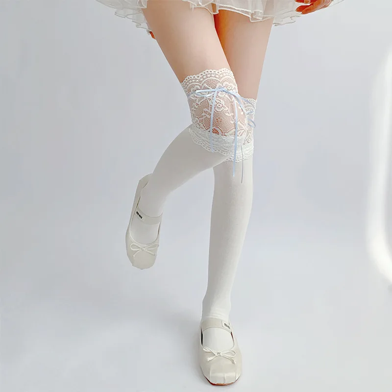 Thigh High Socks Knit Lace Bowknot Autumn and Winter Thick Leg Warmers Stockings White Black Lolita Cute Over the Knee Socks