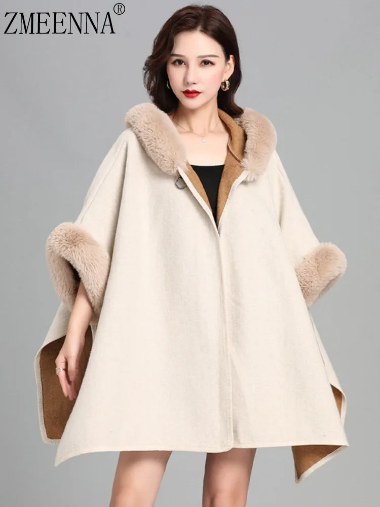 

ZMEENNA Women's Faux Fur Trim Hooded Cape Coat Design Warm Winter Poncho Shawl Outerwear Elegant Oversized ZM3493