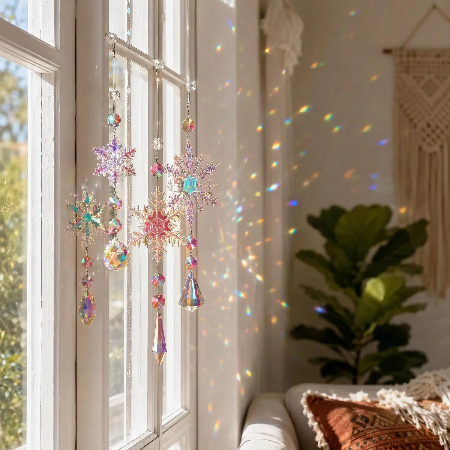 4Pcs Colorful Christmas Snowflake Suncatcher Ornaments Hanging Sun Catchers for Christmas Tree Decorations