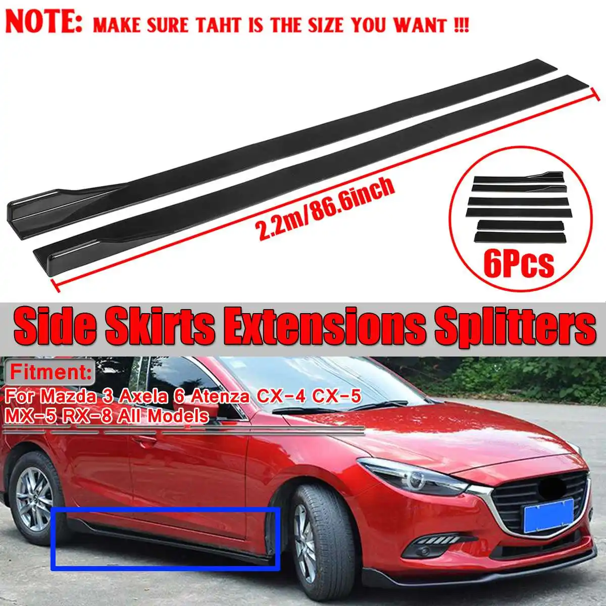 High Quality 2.2m Side Skirt Splitter Winglet Side Wing Bumper Lip For Mazda 3 Axela 6 Atenza MX5 RX8 Miata 323 626 969 RX7 RX8