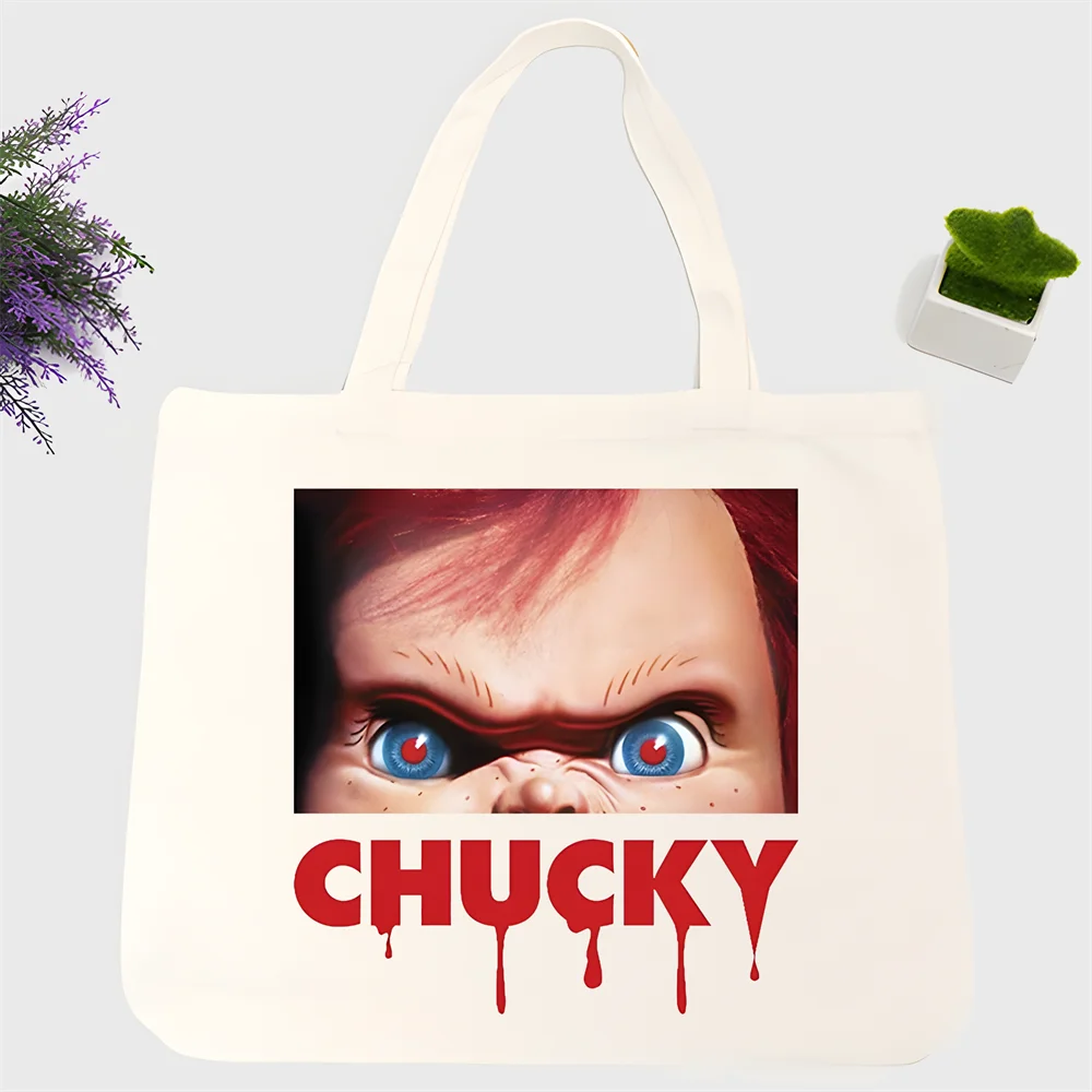 

Chucky Halloween Horror Movie Canvas Tote Bags for Ladies Handbags Kawaii Cute Bolsa Portable Shopping Shoulder Bag