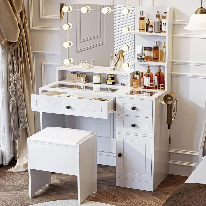 White Makeup Vanity Desk with Mirror and Lights, Girls Vanity Set with Drawers Shelves Storage Cabinet and Stool,3 Lighting