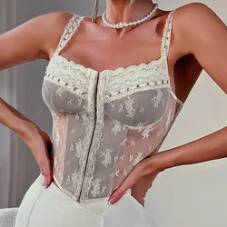 Sexy PATCHWORK sheer Lace Chic Strapless Camis Slim Korean Tanks Top Elegant Basic Crop Top Autumn Women Bustier