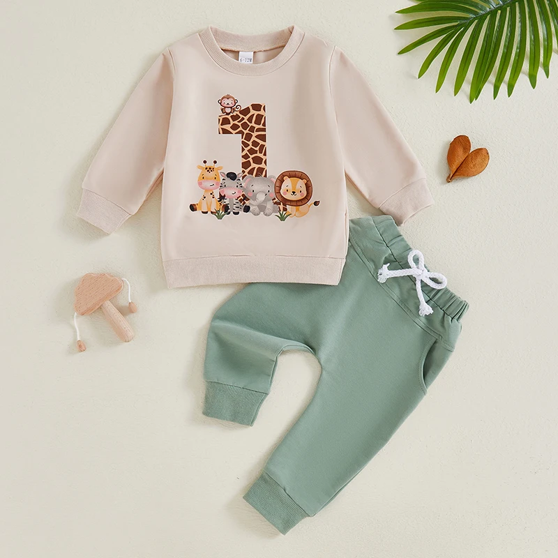 2024-05-31 Lioraitiin Baby Boy First Birthday Outfit, Animal Print Long Sleeve Sweatshirt Elastic Waist Pants Set for Fall