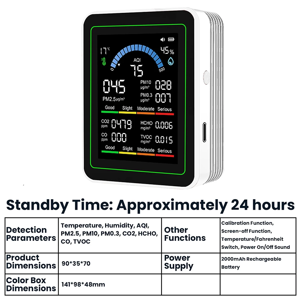 10-in-1 CO2-luchtkwaliteitsdetector PM0.3 PM1.0 PM2.5 PM10 HCHO TVOC-tester Temperatuur- en vochtigheidsmeter Kooldioxidemonitor