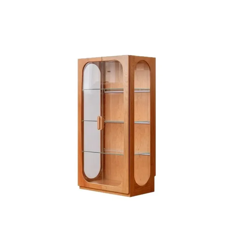 Cherry Wood Display Cabinet with LED Light Glass Door Dustproof Storage Locker for Living Room Sofa Side Figure Showcase