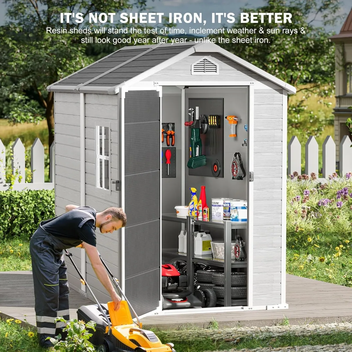 4x6 Feet Resin Storage Shed, Waterproof Outdoor Shed with Floor & Lockable Door & Window & Vents, Plastic Tool Shed