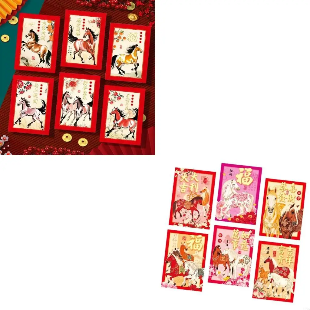Pack of 6 Cartoon Animal Designs Red Envelopes Chinese Zodiacs 2026 Year of Horse Paper Money Holder Envelopes