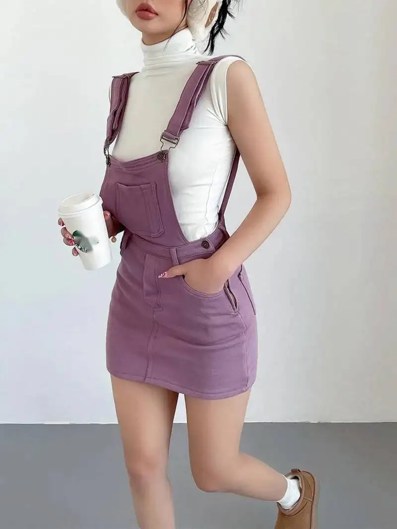 WOMENGAGA Amerikanisches verstellbares Strick-Träger-Minikleid, Denim-Damen, schmale Trägerkleider, hohe Taille, lila, süßer Sommer, FPQ4