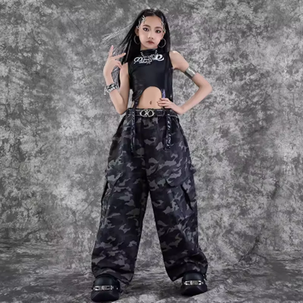 Abbigliamento per spettacoli di danza jazz per bambini Vestito da ballo Kpop Top corto nero Pantaloni cargo mimetici Moda Hip Hop Streetwear yj126