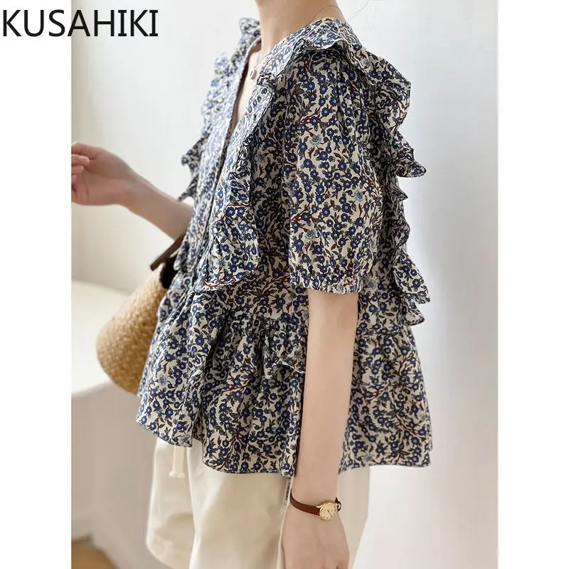 KUSAHIKI Floral Puff Sleeve Blouse Women Summer V-neck Ruffle Top Shirt 2022 New Sweet Fashion Chic Blusas Femininas Elegantes