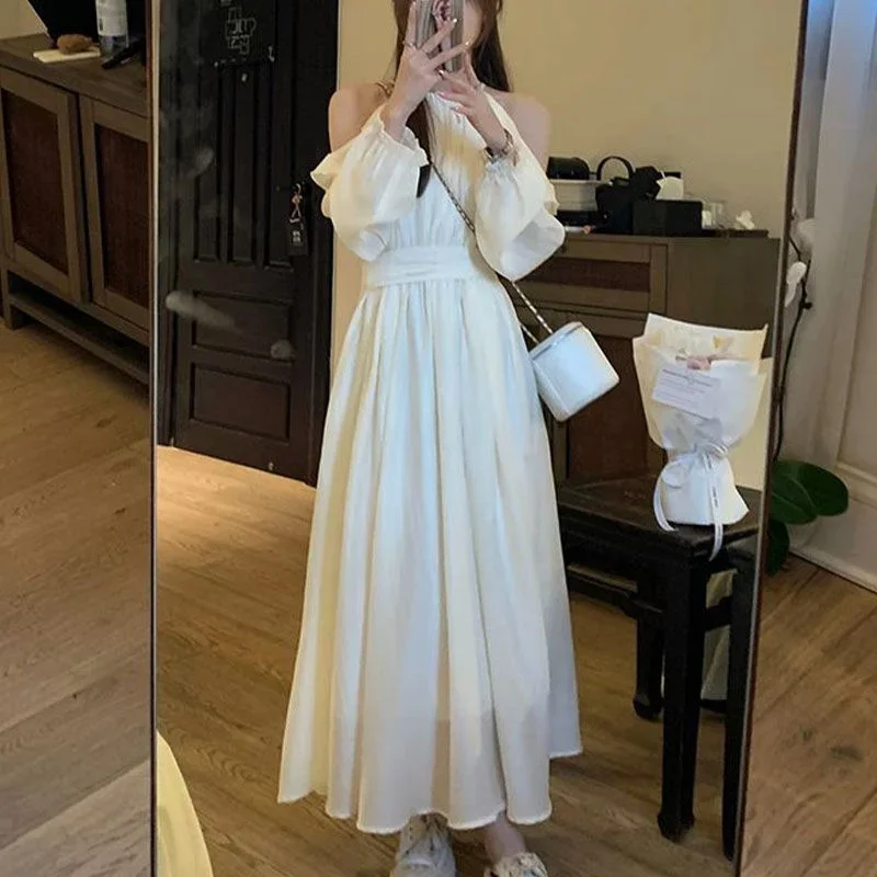 مزاجه طويل كبير هيم خارج الكتف الرسن الرقبة تنورة الفرنسية الأبيض فستان بأكمام طويلة مع الدانتيل متابعة الخصر المعانقة