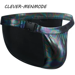 Men's Sexy Side Open Low Rise Briefs Laser Face PU Panties Leather Big Pouch Bulge Swim Trunks Club Bodybuilding Underwear