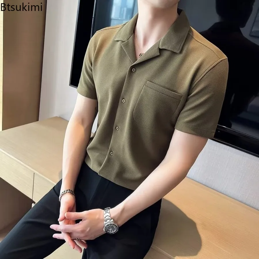 New Men's Waffle Short Sleeve Slim Shirts Solid Ice Silk Lapel Button-up Business Casual Shirt Korean High Quality Men Clothing
