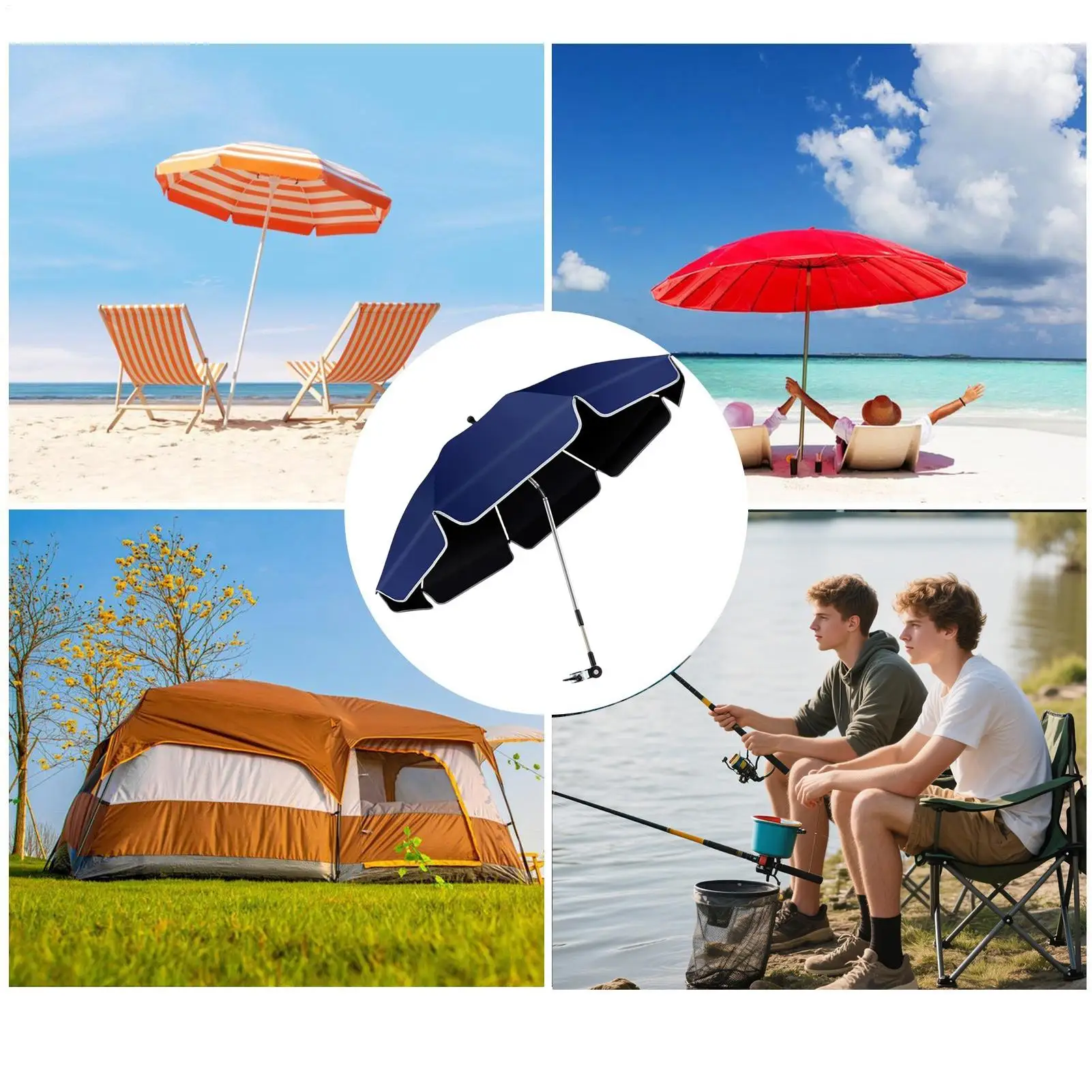 Beach Chair Umbrella 360 Adjustable UV Protection Clip On Shade Fishing Umbrella with Clamp for Outdoor Camping Beach Garden