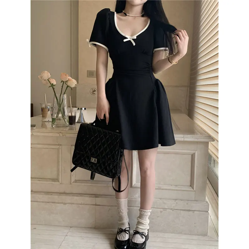 Summer Sweet Y2k Black Mini Dress Sexy V Neck Women Party Backless Bow Dress Retro Hollow Out Dress Korean Vestido Sundress