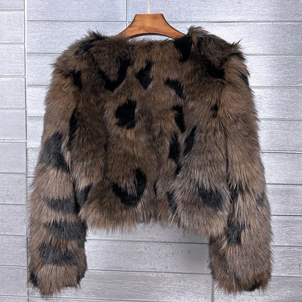 혼 버튼 숏 인조 여우털 코트 여성 겨울 플러피 재킷 레오파드 프린트 플러시 퍼 코트 플립 칼라 여성 아우터웨어 2024