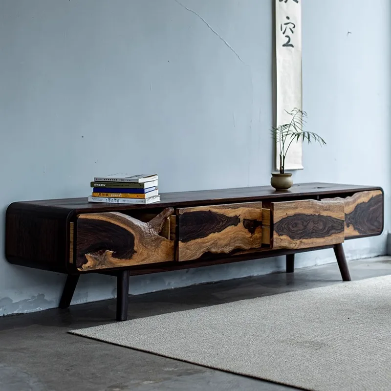 Solid wood TV cabinet, log ebony, simple small apartment coffee table, all solid wood, floor