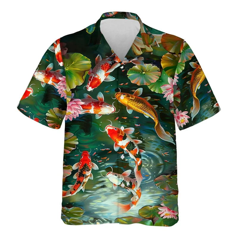 3D Printed Koi Fish Hawaiian Shirt For Men Good Luck Animal Pattern Blouses Summer Street Aloha Shirts Lapel Tops Short Sleeves