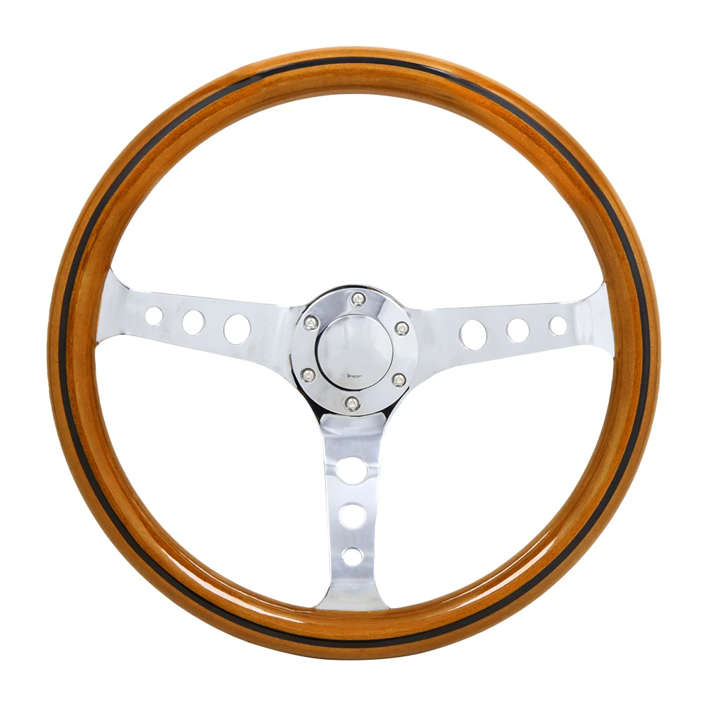 

380mm 15''Classic Wooden steering wheel 3 Hole Chrome Spoke Vintage Classic Wood Grain Finish