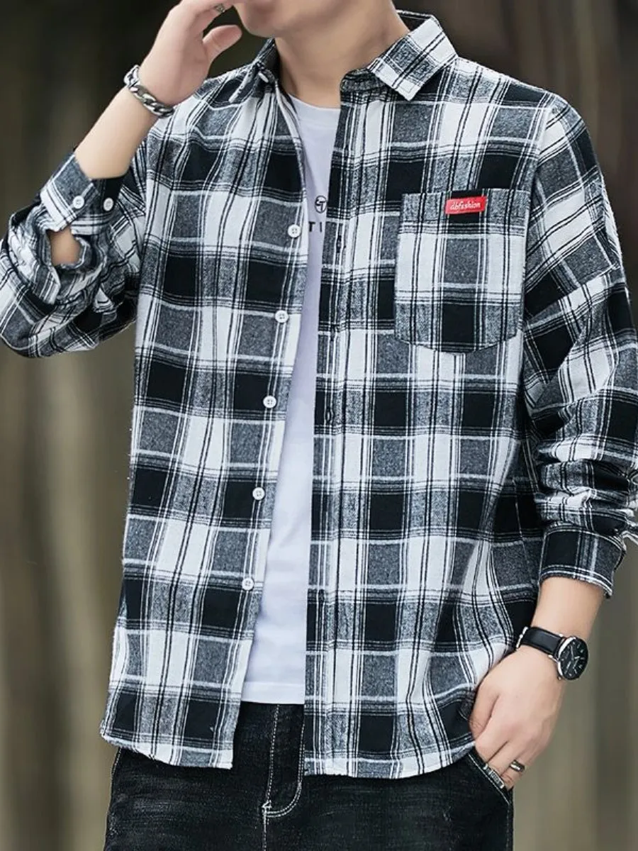 

Retro Plaid Men's Shirt Spring Autumn Loose Casual Style Korean Hong Kong Fashion Trendy Youth Student Versatile Handsome