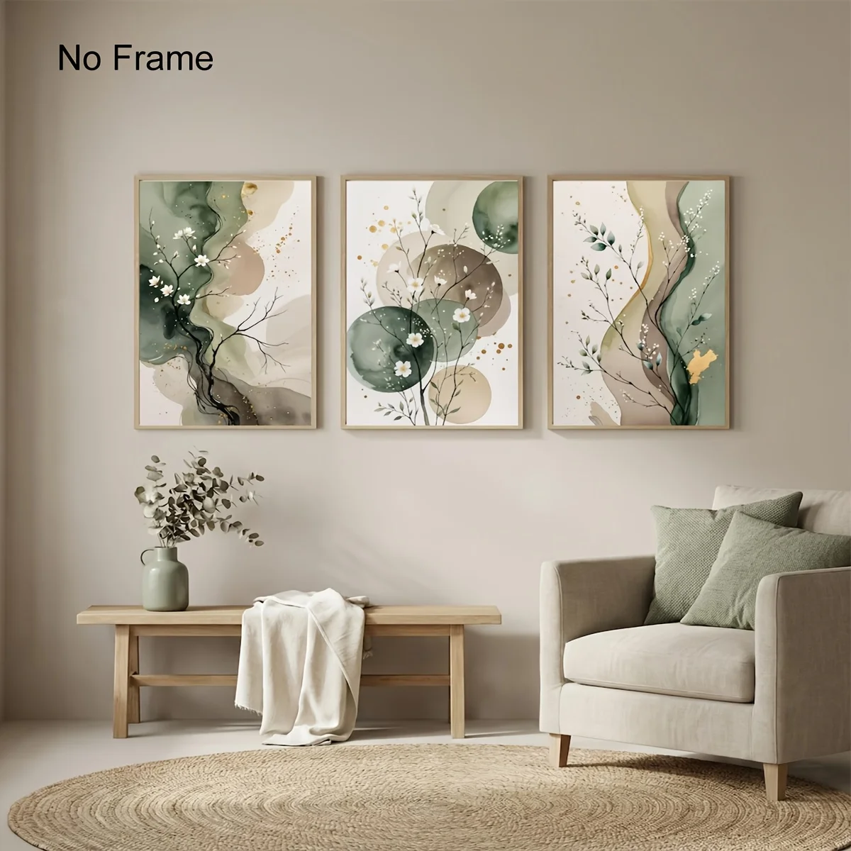3pcs frameless Canvas Painting 3pcs/set Japandi Sage Green Abstract Floral Canvas Prints Poster Modern Botanical Art Prints Bedr
