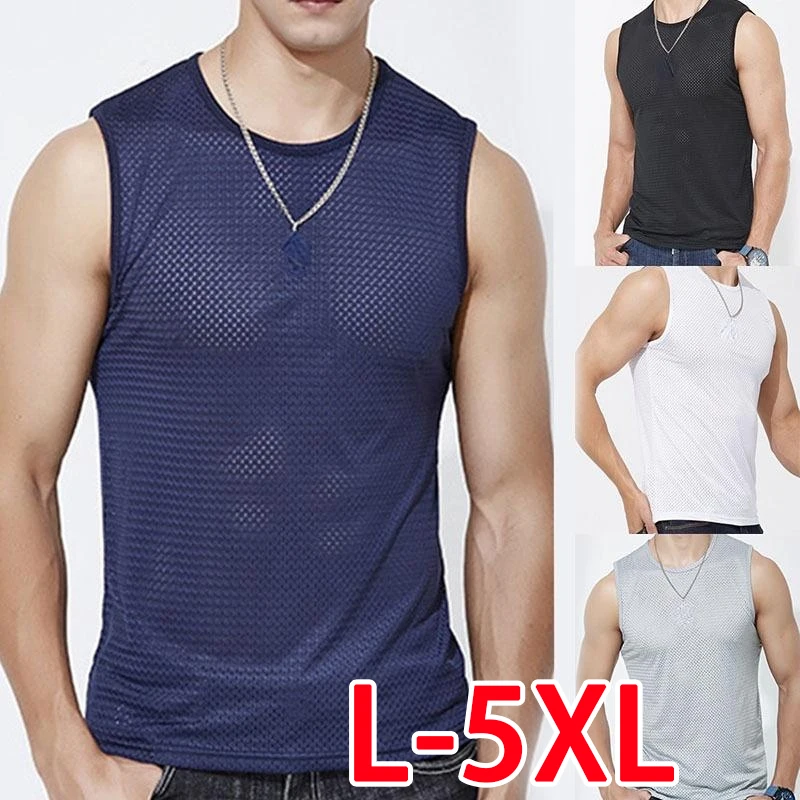 

New Men's Ice Silk Tank Top Tight Mesh Sleeveless Top Summer Sleeveless Tank Top Men's Fitness Tight Elastic Tank Top