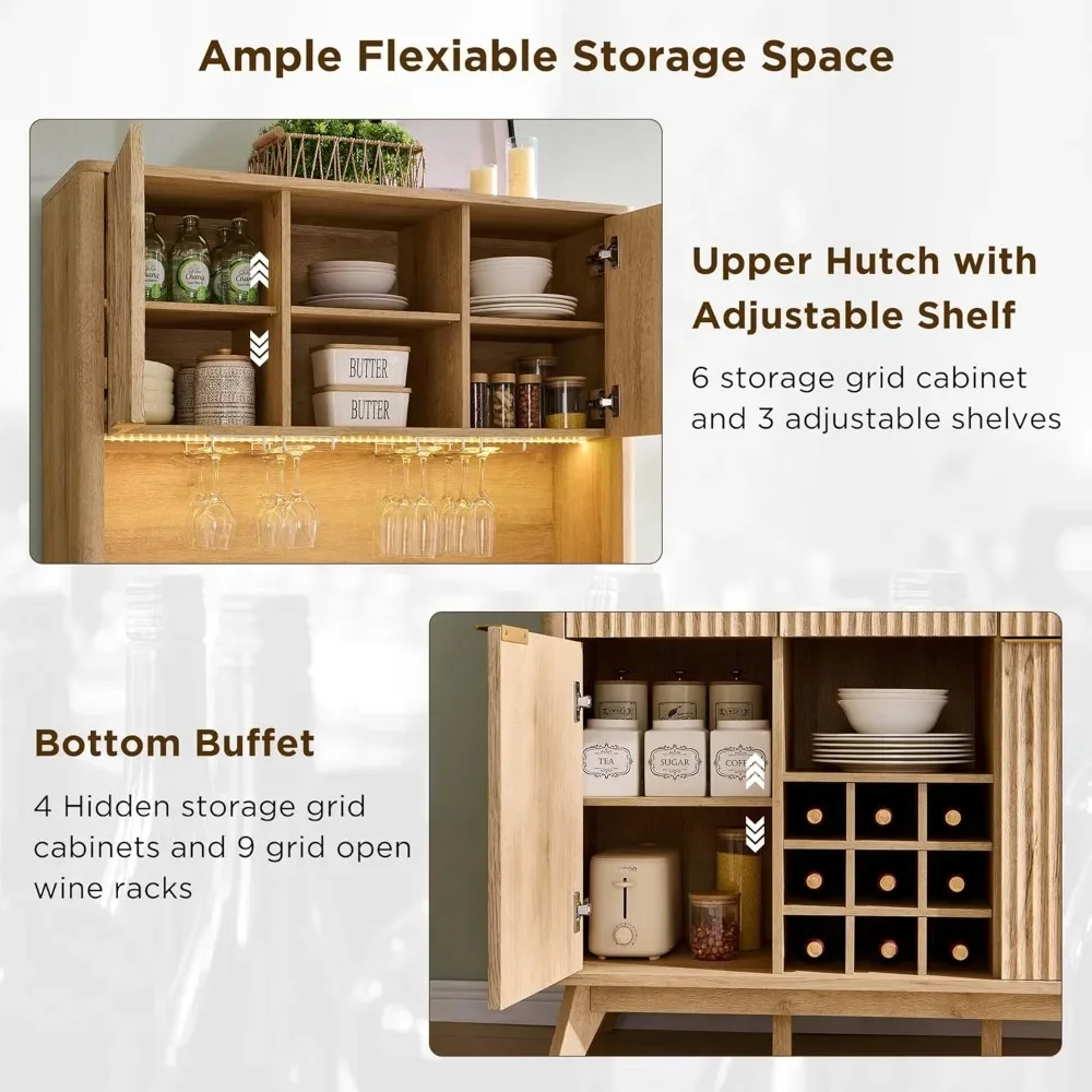 72 Inch High Bar Cabinet with Storage, Modern Wood Coffee Bar Cabinet with LED Lights and Storage Racks