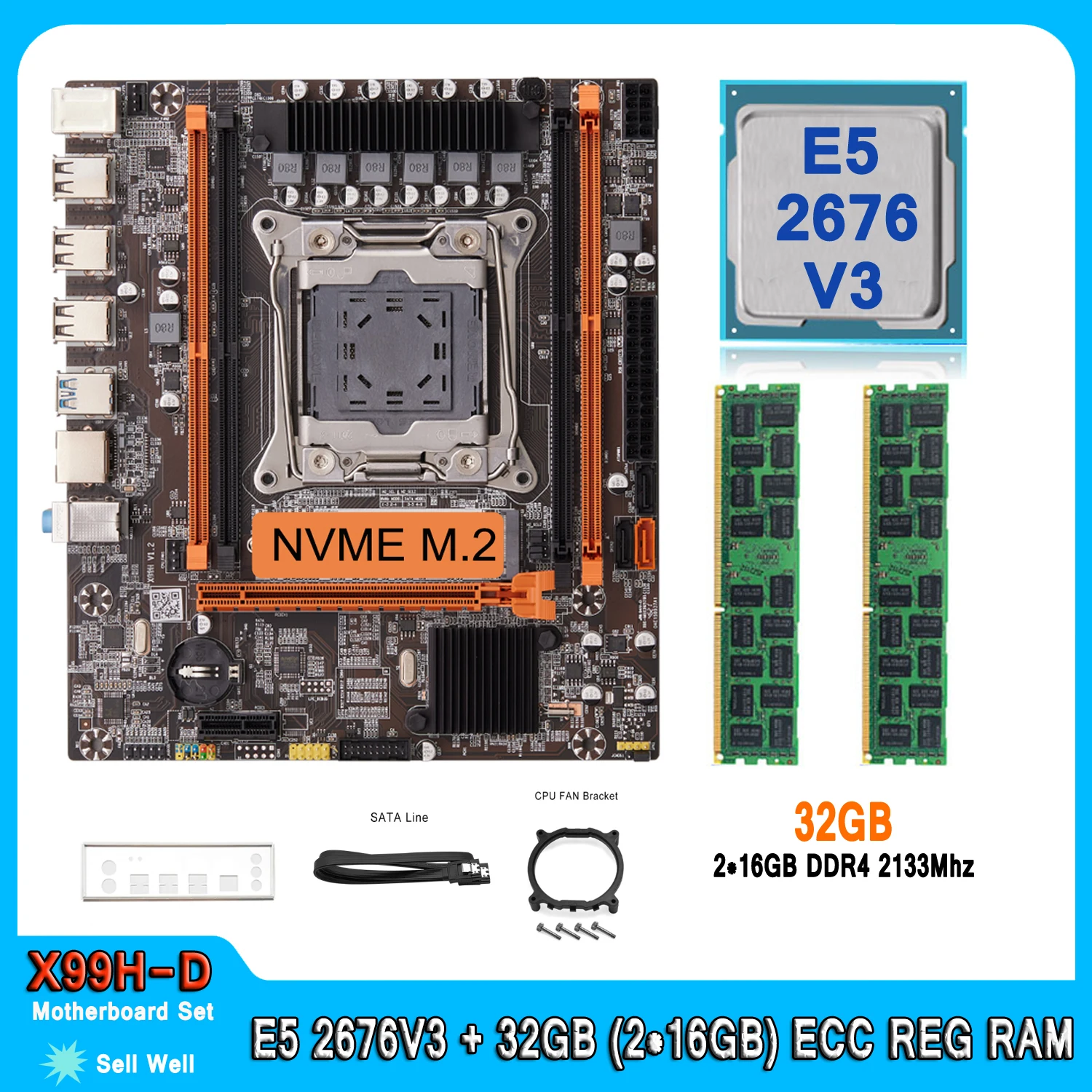 X99 Motherboard Set Kit With LGA 2011-3 Xeon E5 2676 V3 CPU DDR4 32GB (2*16GB) 2133MHZ RAM Memory E5 2676V3 Motherboard