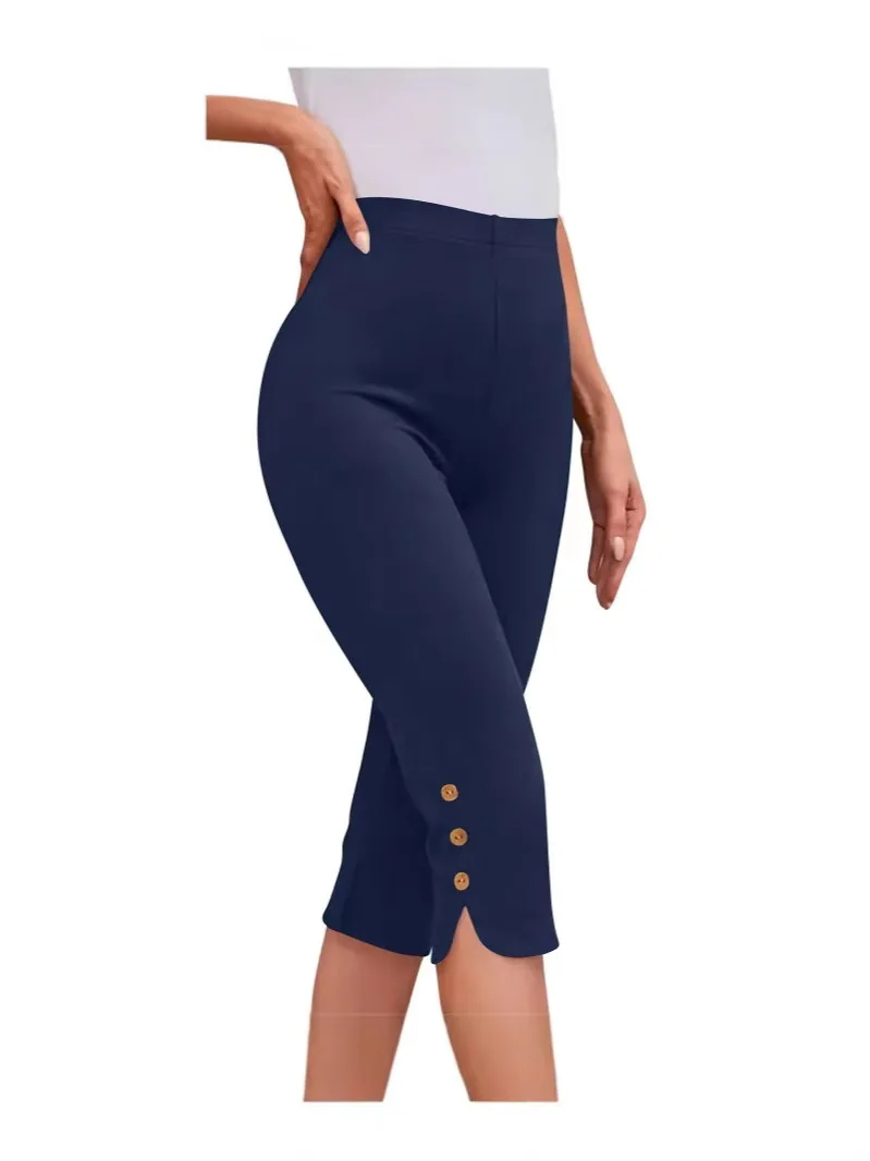 High-Waisted Elastic Seven-Foot Pants Women's Mid-Calf Trousers Base Layer Clothing with Button Detail