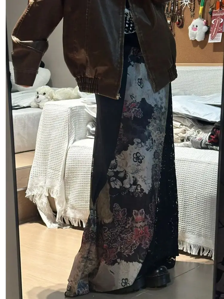 

Long Patchwork Printed Lace Skirts Y2k Faldas Mujer Pleated Jupe Subcultural American Streetwear Punk Harajuku Gothic Vintage